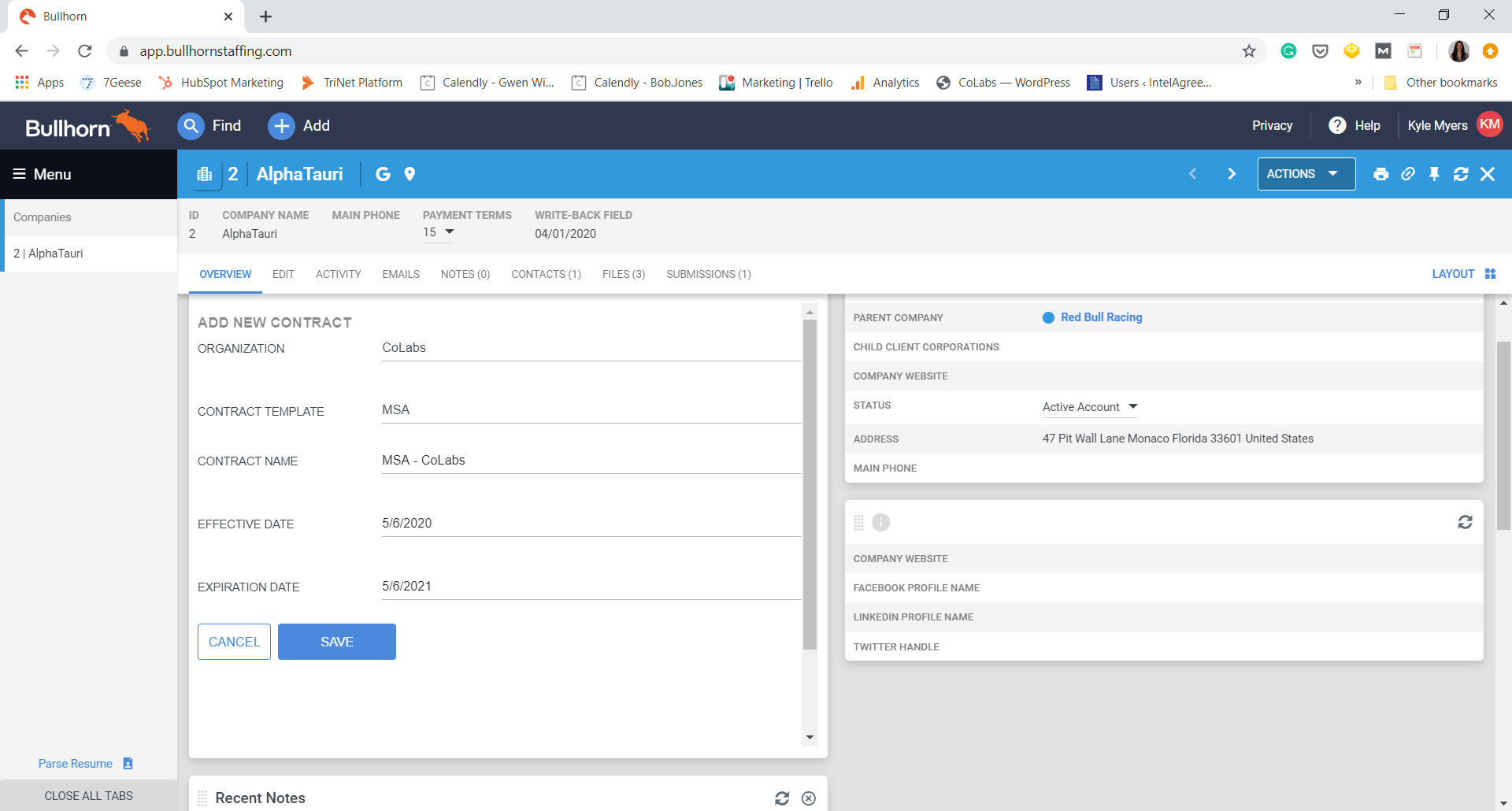 Bullhorn IntelAgree screenshot create contract